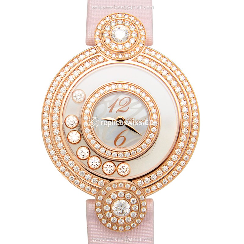 Chopard Happy Diamonds Quartz 18kt Rose Gold - Skull Dial - Pink Satin Strap - Buckle Clasp